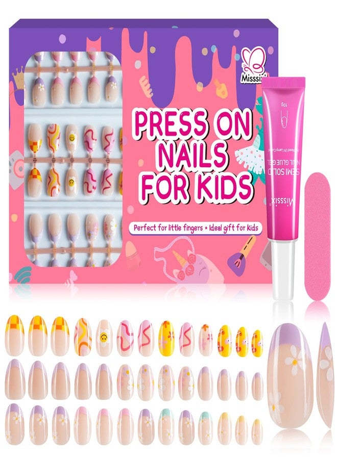Misssix 78 Pcs Press on Nails for Kids, 3 Pack Kid Fake Nail Kit Cute Press on Nails, Old Colorful Flower Glue On Nails Stick On Nails for Girls 8-12 Years - Image 1
